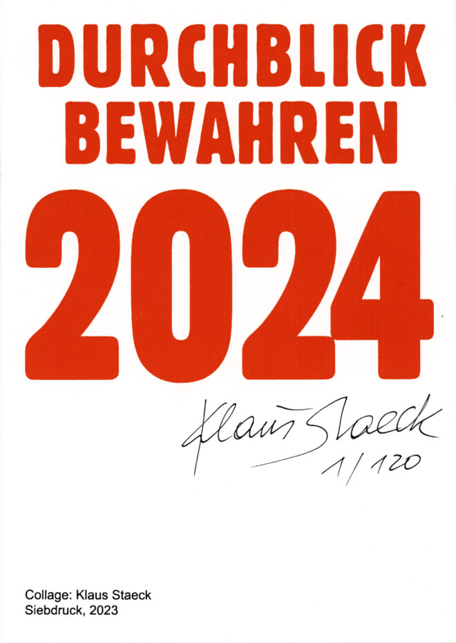 <span class="product-meta">Postkarte, Grafik, Signierte Karte, 2023</span> <br /><span class="product-artist">Klaus Staeck</span><span class="breadcrumb-separator"> – </span> <br />Durchblick 2024 – Bild 2
